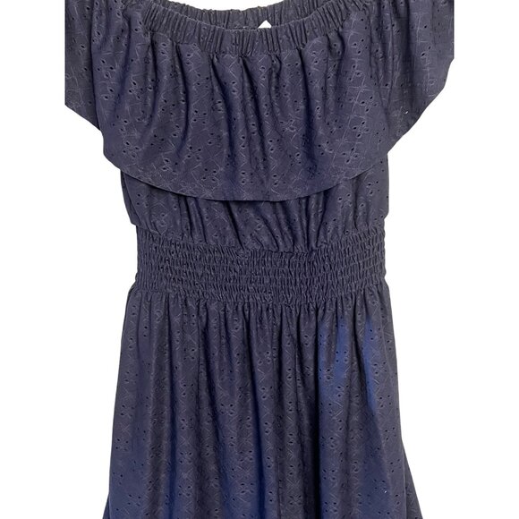 Navy Off-Shoulder Smocked Mini Dress Eyelet Design Ruffled Neckline Lace Hem  M - Picture 13 of 16